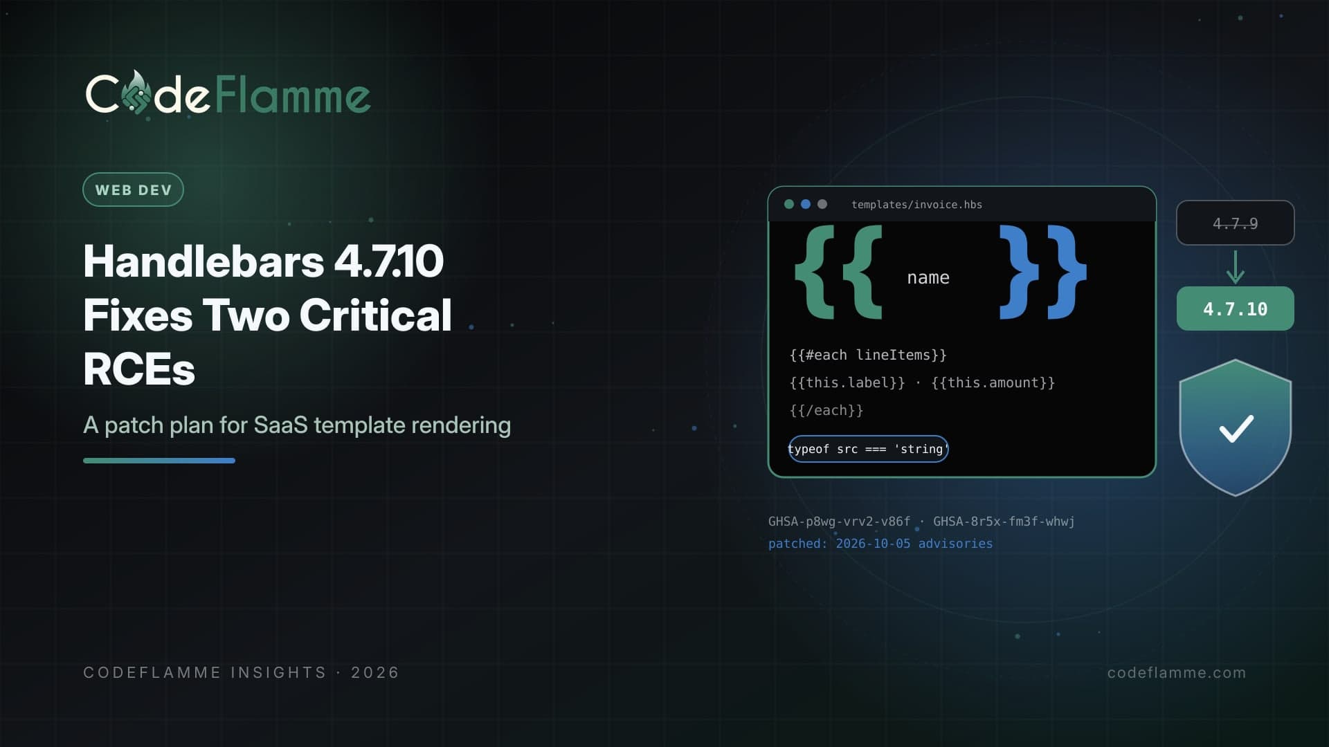 Handlebars 4.7.10 Fixes Two Critical RCE Flaws: A Patch Plan for SaaS Template Rendering — cover illustration