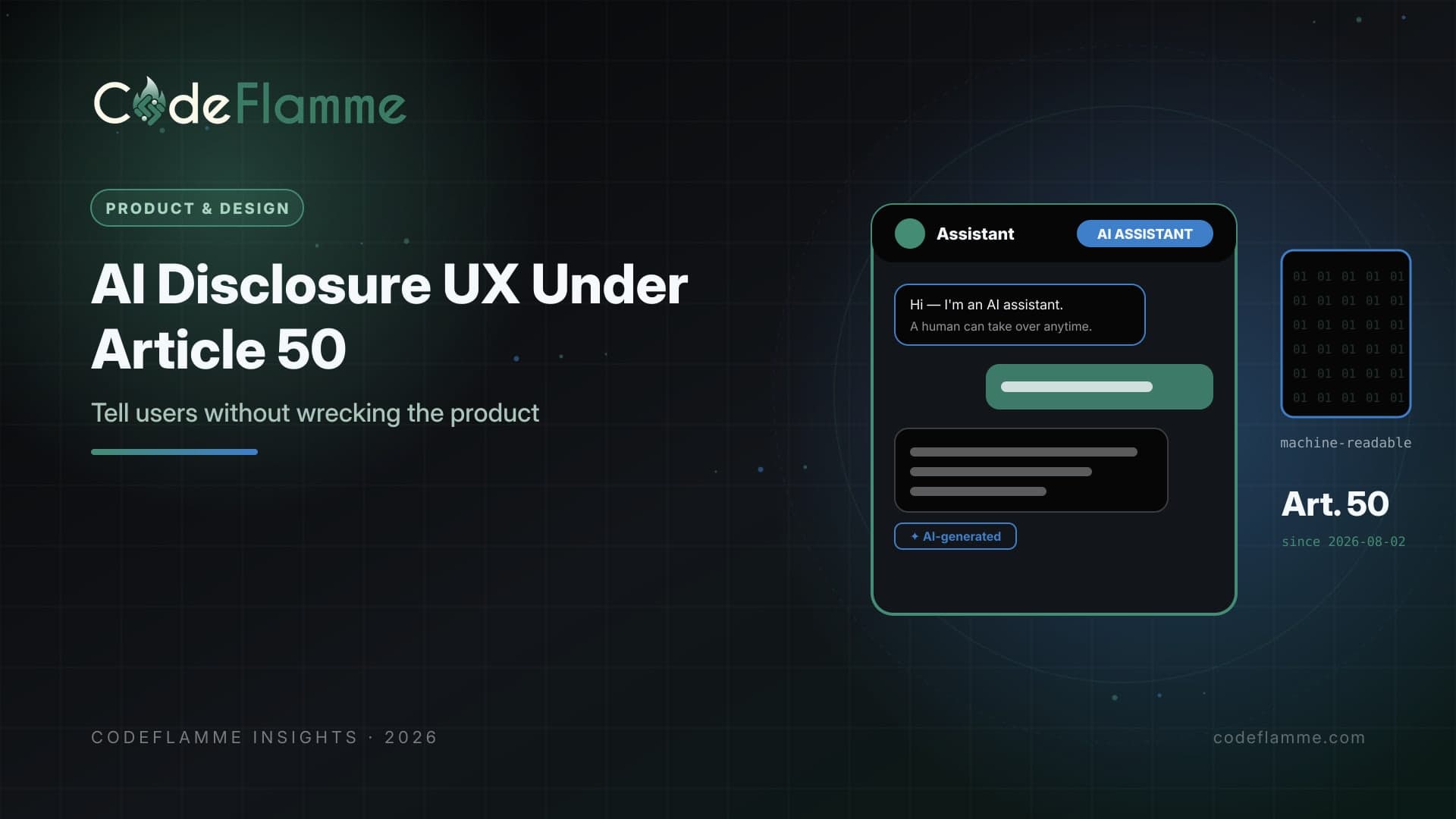 AI Disclosure UX Under EU AI Act Article 50: Tell Users Without Wrecking the Product — cover illustration